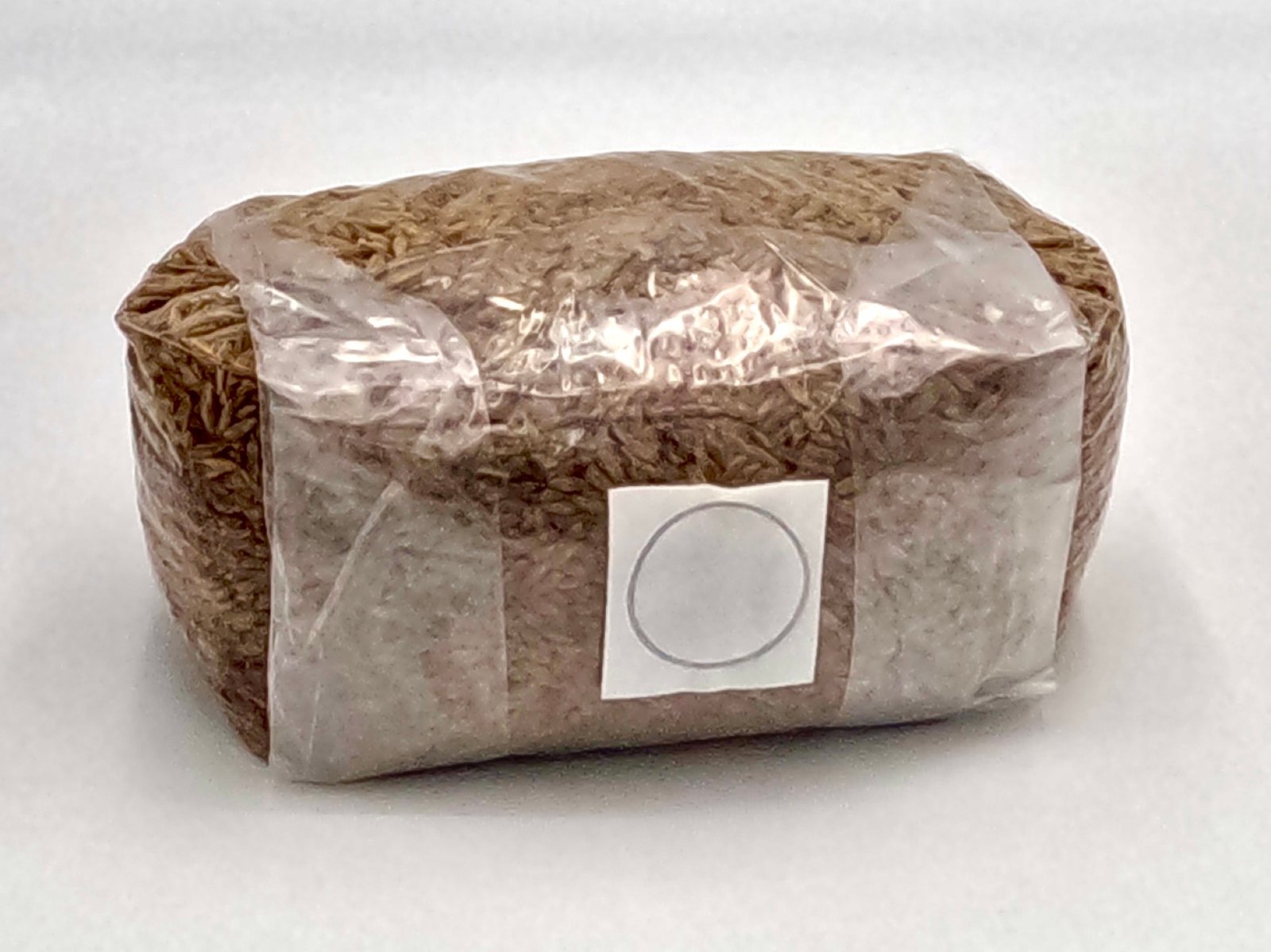 A single sealed bag of grain spawn. Sterilized rice or rye colonized with mushroom mycelium.