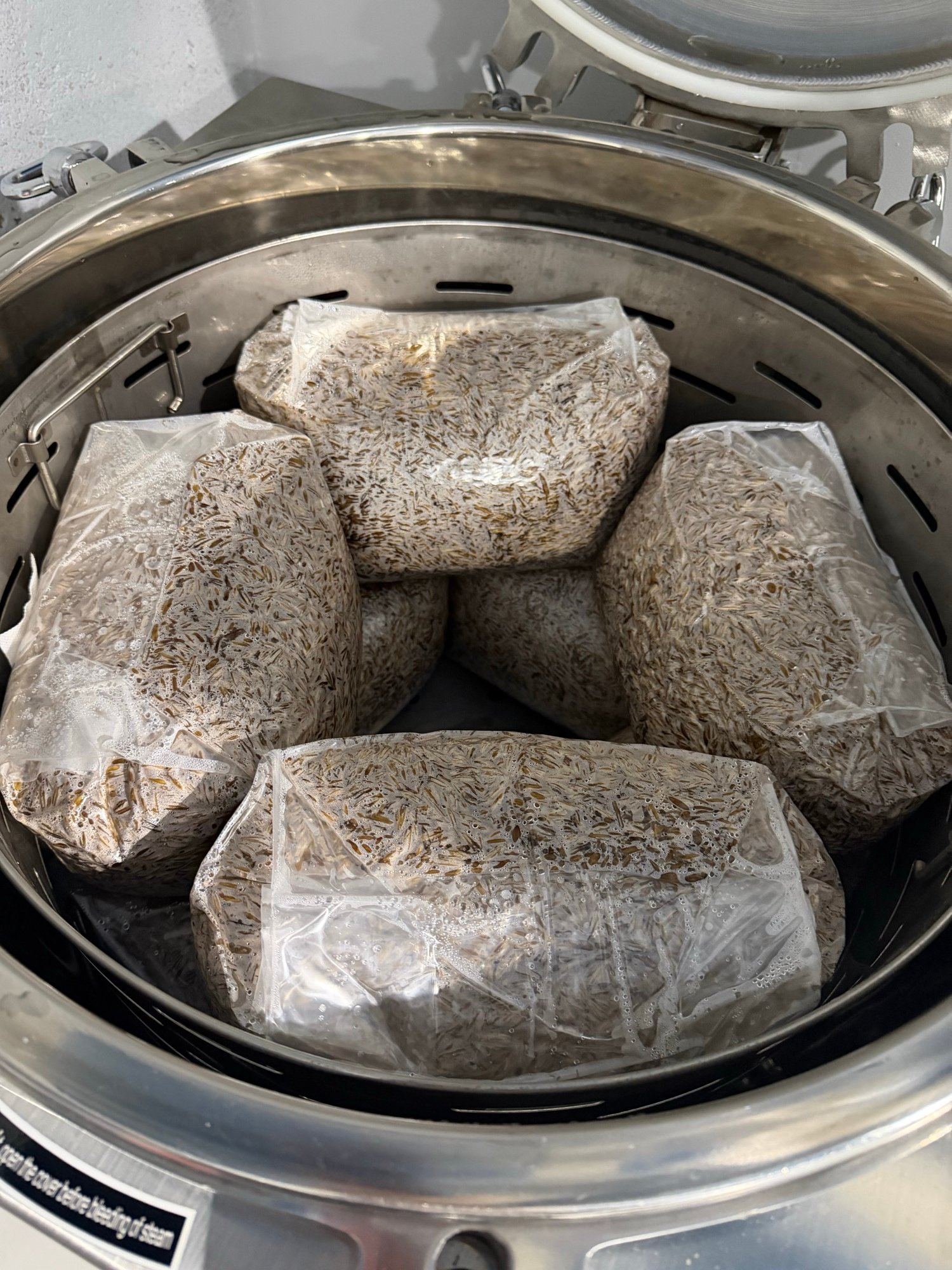 Substrate bags loaded inside a vertical autoclave chamber.
